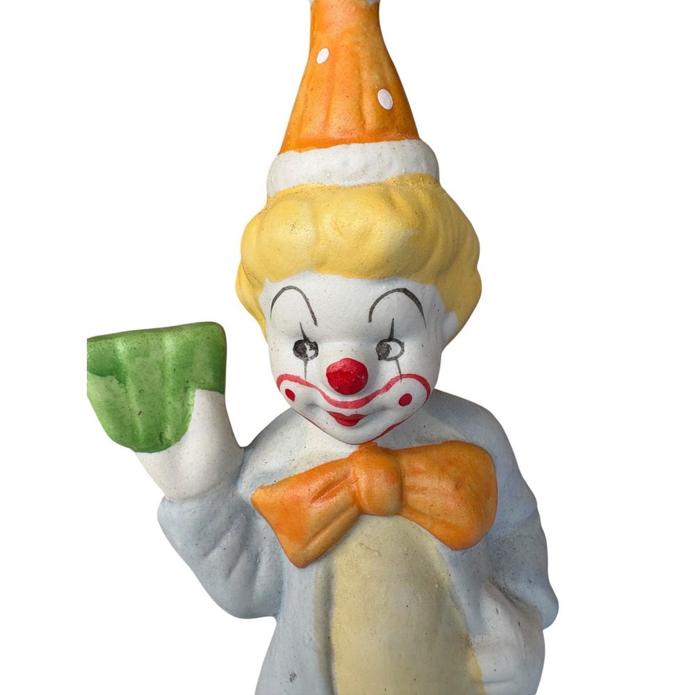 Vintage Ceramic Clown Figurine Hand‎ Painted Bisque Circus Decor Blue Orange